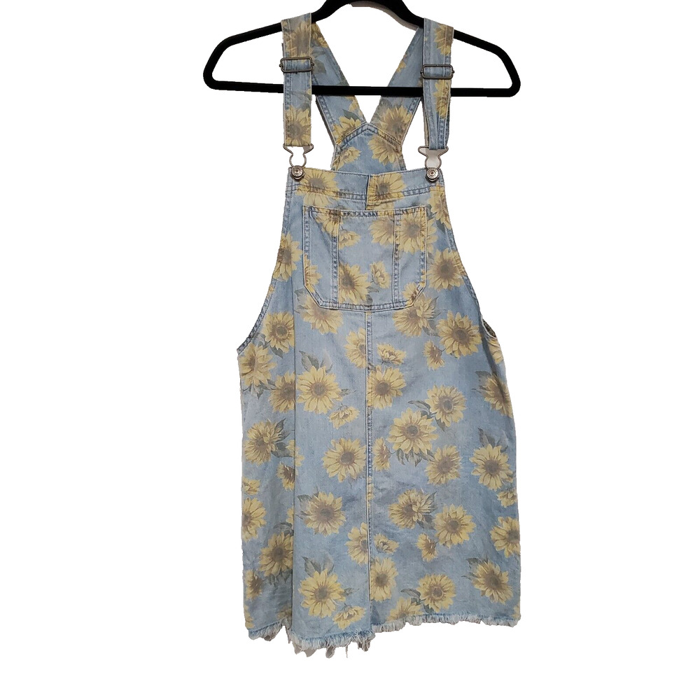 American Eagle Sunflower Print Denim Overall Dress M Raw Hem Festival Country